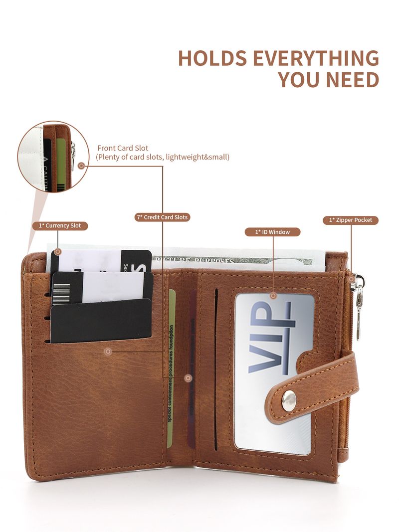 Cartera de mujer, cartera pequeña de cuero para mujer, tarjetero plegable compacto con bloqueo RFID para mujer, cartera de bolsillo para pasaporte con 4 ranuras para identificación_voghion.com