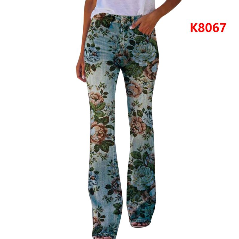 Damenbekleidung große Größe Damen Freizeithosen Denim Schlaghose Blumenhose_voghion.com