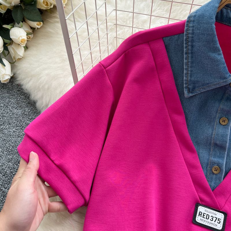 Roupas femininas Salty Light Mature Terno de duas peças para mulheres Verão Cordão na cintura Duas peças Top de manga curta Cintura alta Denim Patchwork Saia_voghion.com