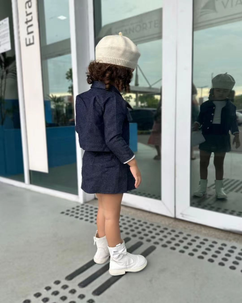 Ropa de bebé Falda vaquera suave para niños, traje de falda plisada con top de manga larga estilo colegial_voghion.com