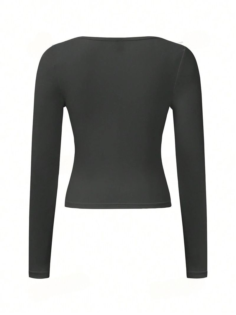 Women's Clothing Slim Fit Solid Color U Neck Long Sleeved Top_voghion.com