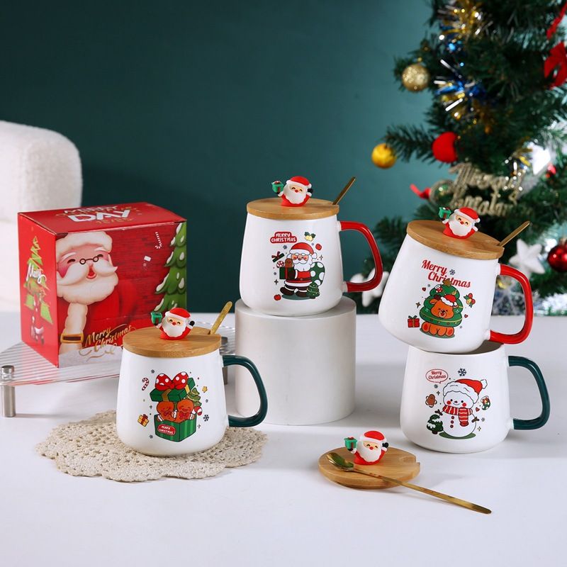 Kubek z pokrywką i łyżeczką, uroczy prezent świąteczny, wysokiej jakości ceramiczny kubek z wizerunkiem Świętego Mikołaja i łosia, pamiątka_voghion.com