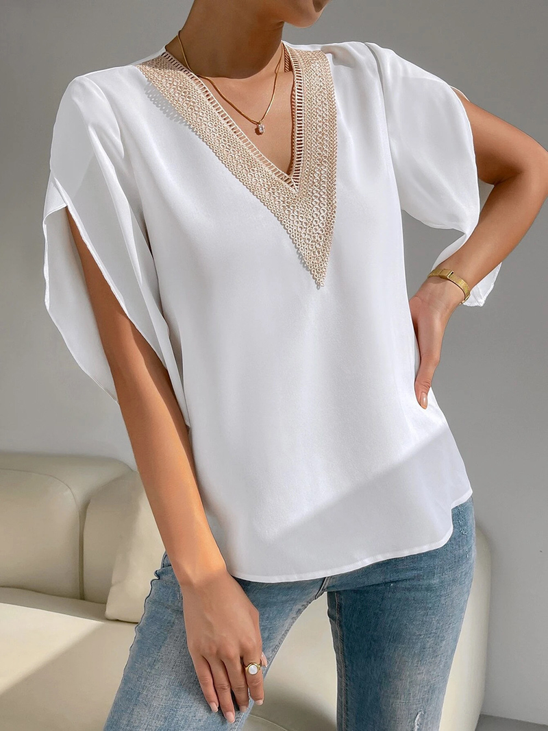 Kvinders forår og sommer ny V-hals blonde ensfarvet top temperament kortærmet chiffon skjorte til kvinder_voghion.com