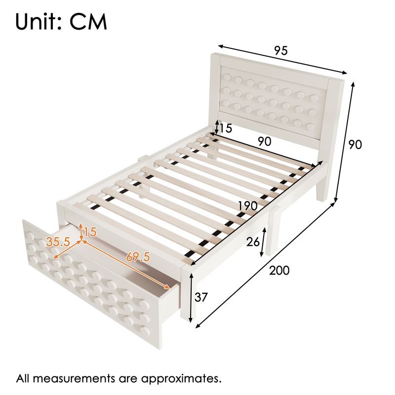 Holzbett 90x190cm Mit Blockdesign, Massivholz, Schubladen, Stauraum, Blanc_voghion.com