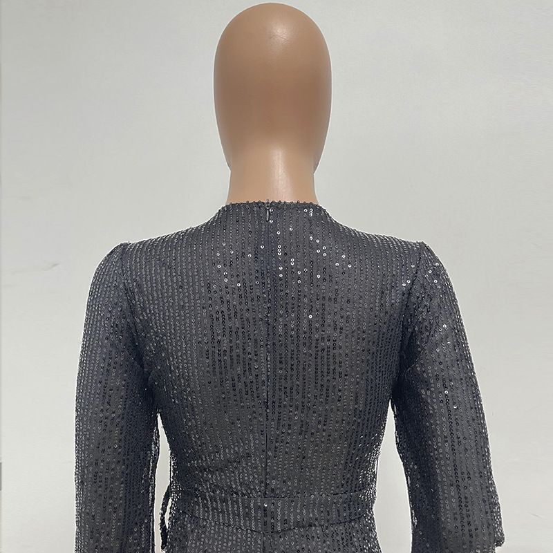 Damkläder Ins Style Deep V Mode Casual Jumpsuit Långärmat Bälte Paljett Jumpsuit Dam_voghion.com