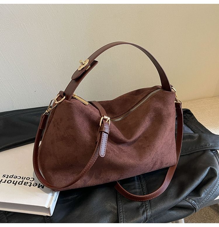 Suede Pillow 2024 Trendy Strap Lock Texture Large Capacity Single Shoulder Crossbody Bag Simple Handbag_voghion.com