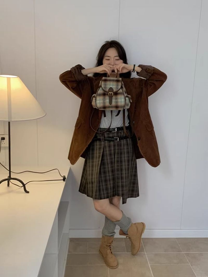 Vintage Woolen Velvet Whi Checkered Autumn Winr College Style Student Backpack For Women Commuting Simple British_voghion.com