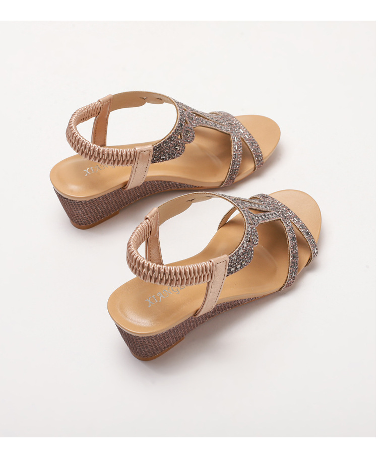 wedge heel rhinestone sandals for women fashion comfortable elastic band temperament Roman shoes_voghion.com