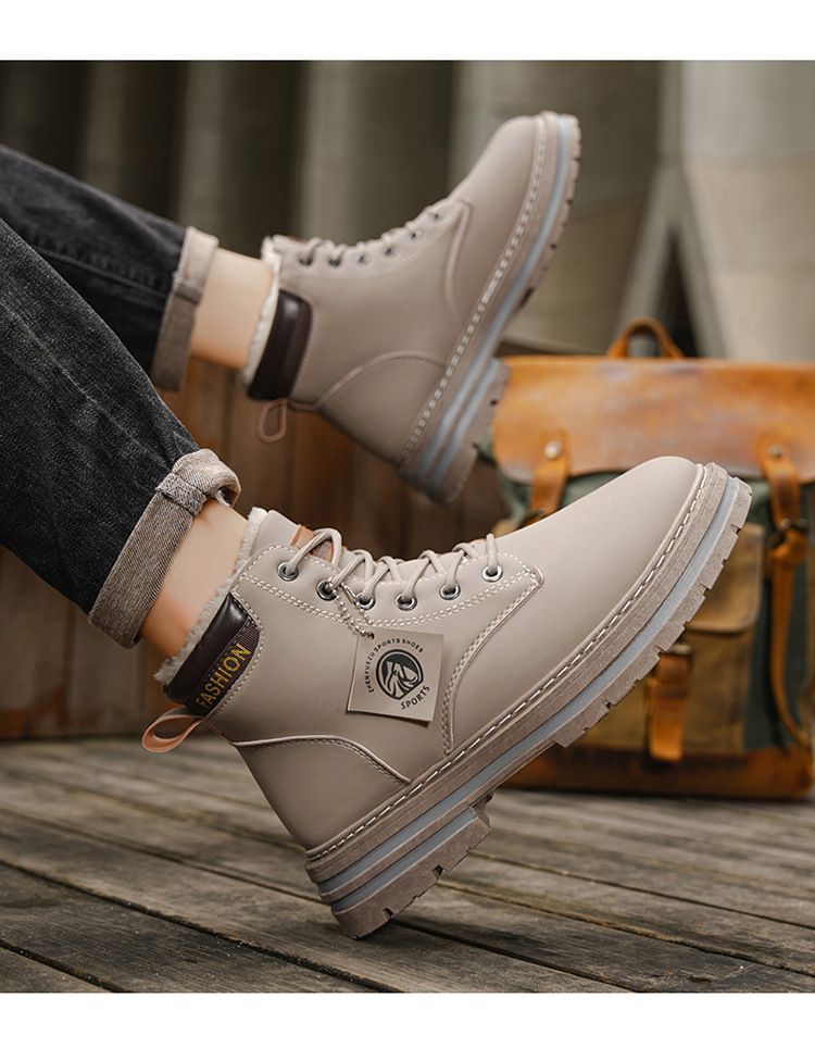 Men's Classic British Style Fleece-Lined Martin Boots - Comfortable Round Toe Casual Shoes For Winter (Khaki, Black, Gray, Green)_voghion.com