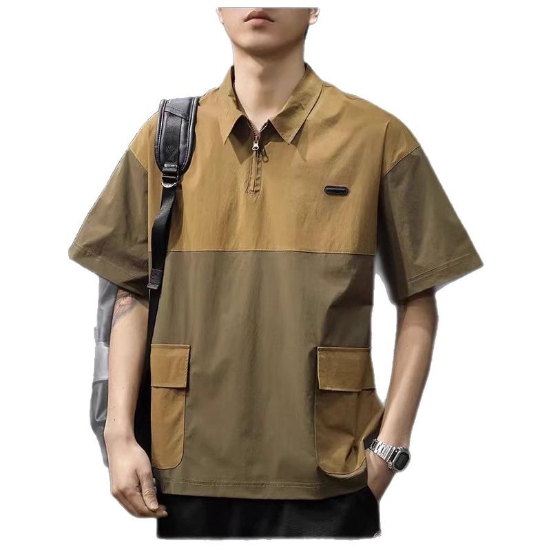 Two-Tone Short Sleeve Zip Polo Shirt For Men, Summer Color-Block Multi-Pocket T-Shirt, Quick-Dry Workwear Turn-Down_voghion.com