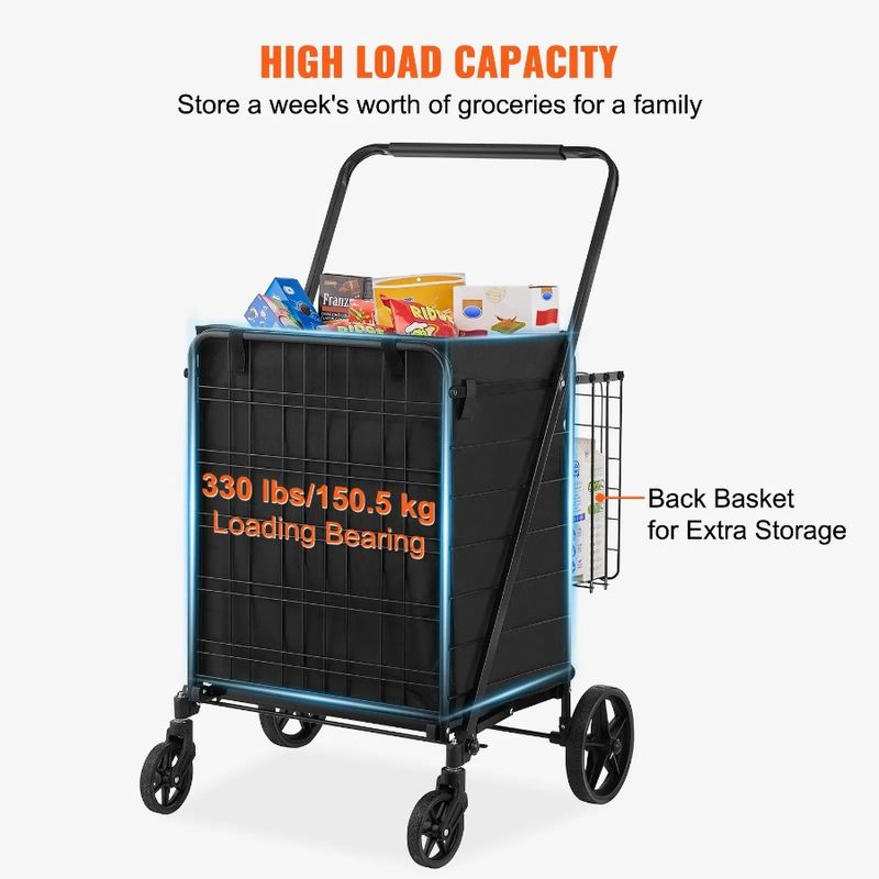 Large Shopping Liner, Cart Waterproof Capacity Swivel Grocery Cart 360° Dual Jumbo Basket, With With Folding 330LBS Removable_voghion.com