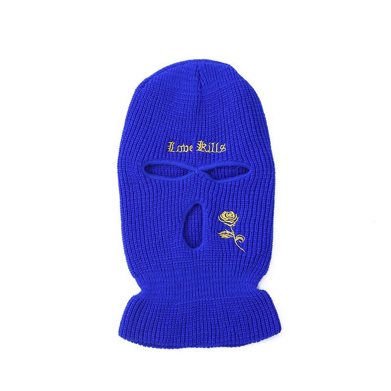 Cappello lavorato a maglia a tre fori per autunno e inverno con ricamo di rose - Cappello caldo per l'inverno e l'autunno per sci, ciclismo e attività all'aperto_voghion.com