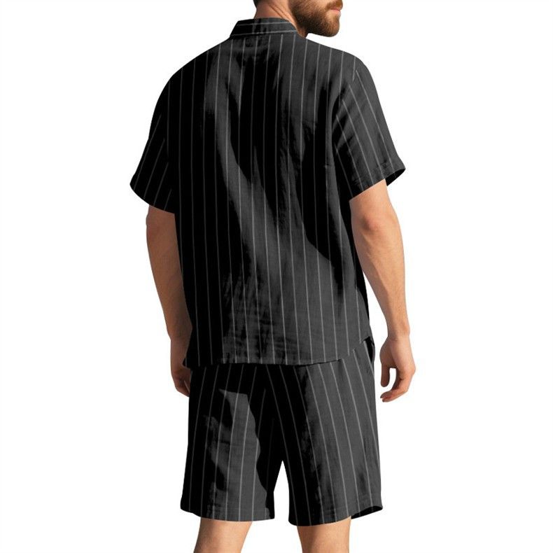 Vêtements pour hommes, costume d'été en lin pour hommes, chemise ample à manches courtes à rayures, short de plage, costume deux pièces_voghion.com