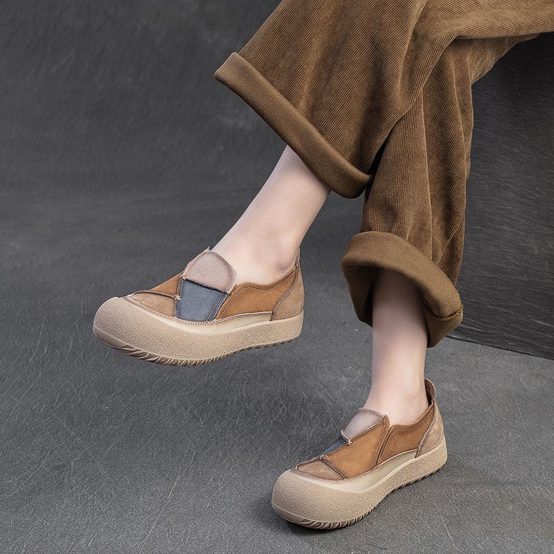 Shanghai Jiesu 2025 Frühling Neue Farbblock-Patch-Zehenschicht Rindsleder Bequeme Slip-On-Casual-Damenschuhe_voghion.com
