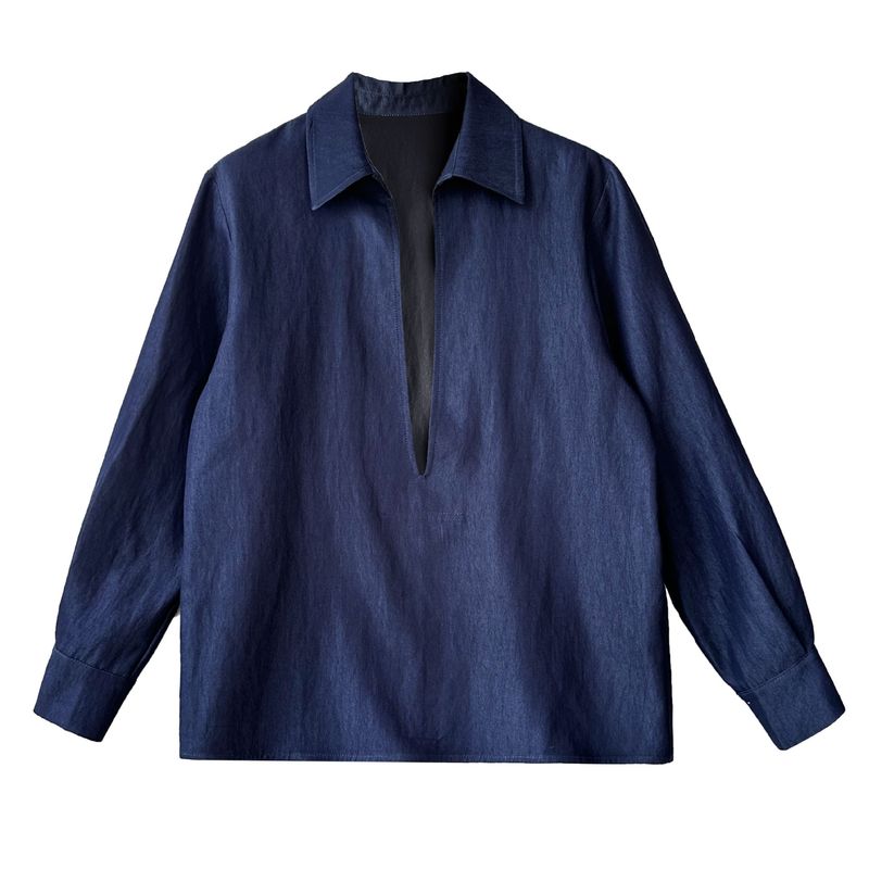 Camicia casual a maniche lunghe con scollo a V da donna - Blusa leggera in stile denim per strati e abbigliamento quotidiano_voghion.com