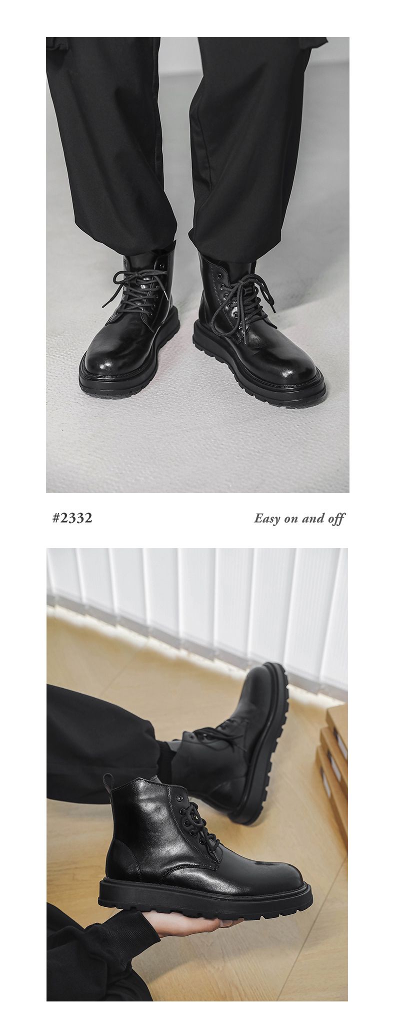 Retro Martin Boots Lace-up Locomotive Tooling Boots Thick-soled High-top Leather Shoes Black Short Boots_voghion.com