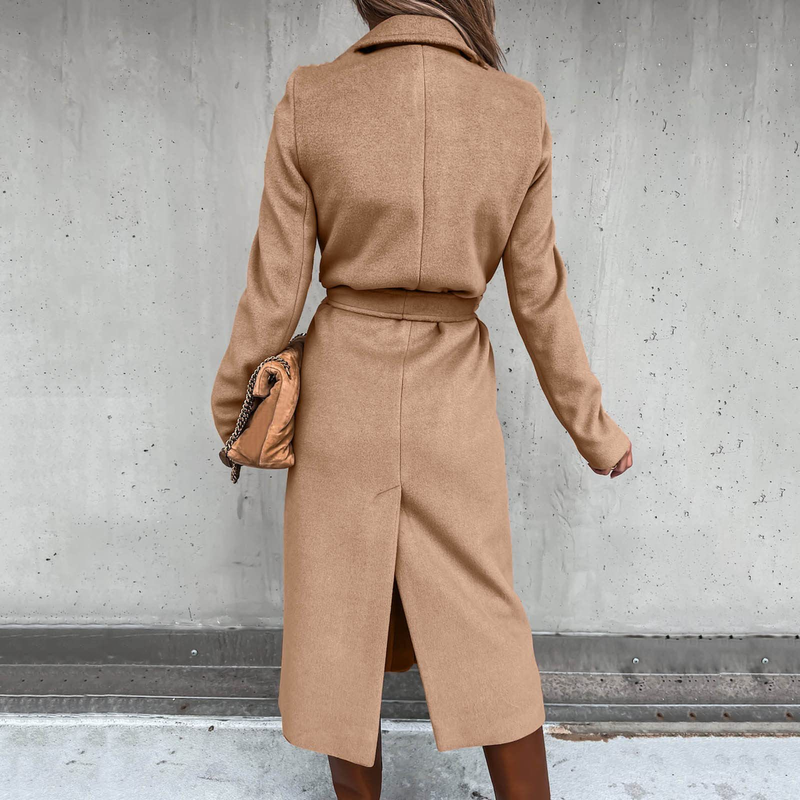 Autumn and winter women's solid color lapel long-sleeved woolen jacket simple strappy windbreaker_voghion.com
