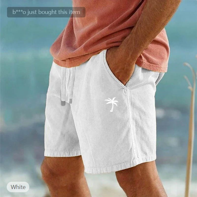 Pantaloncini in cotone e lino con stampa cocco, coulisse, elastico in vita, tinta unita, traspiranti, pantaloni casual da spiaggia a cinque punti_voghion.com