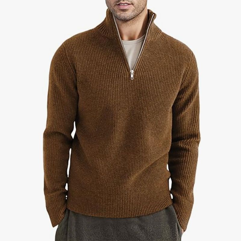 Suéter masculino de malha de inverno com gola de meio zíper - Pulôver grosso e quente, corte slim, lavável à máquina (cáqui/branco/cinza/preto/marrom)_voghion.com