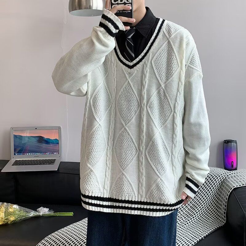 Populäre Teenager-Trend laangärmlech lässeg einfach normal Hierschtpullover mat kontrastéierendem Sträifen, V-Ausschnëtt, Wanterweste_voghion.com