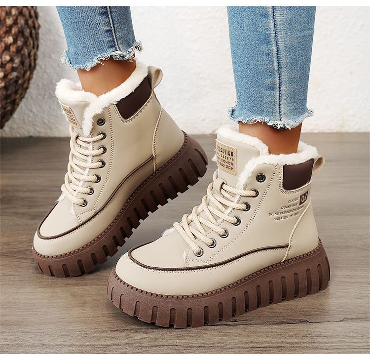KT2816 Nuevos zapatos de invierno 2024 de caña alta para mujer, zapatos de algodón con suela gruesa, zapatos de plataforma de terciopelo sencillos para estudiantes que mejoran la altura_voghion.com