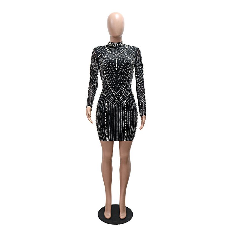 Abito a maniche lunghe da donna, alla moda, con perline a bolle e diamanti, gonna alla moda_voghion.com