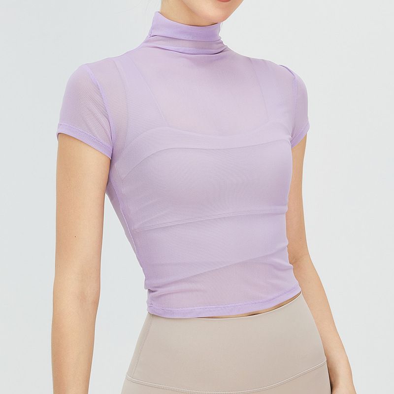 Maglietta da yoga vintage con collo alto, da donna, ad asciugatura rapida, sportiva, in rete, con protezione solare, per yoga_voghion.com