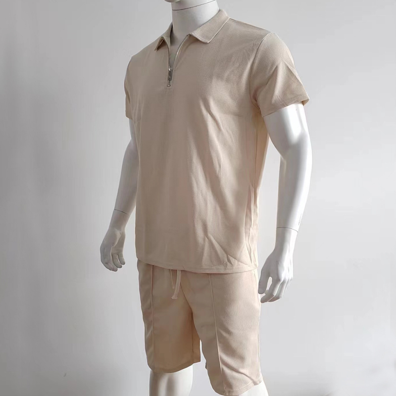 Zestaw męskich szortów z krótkim rękawem, uniwersalny letni zestaw T-shirtów w jednolitym kolorze, z luźnym kołnierzykiem_voghion.com