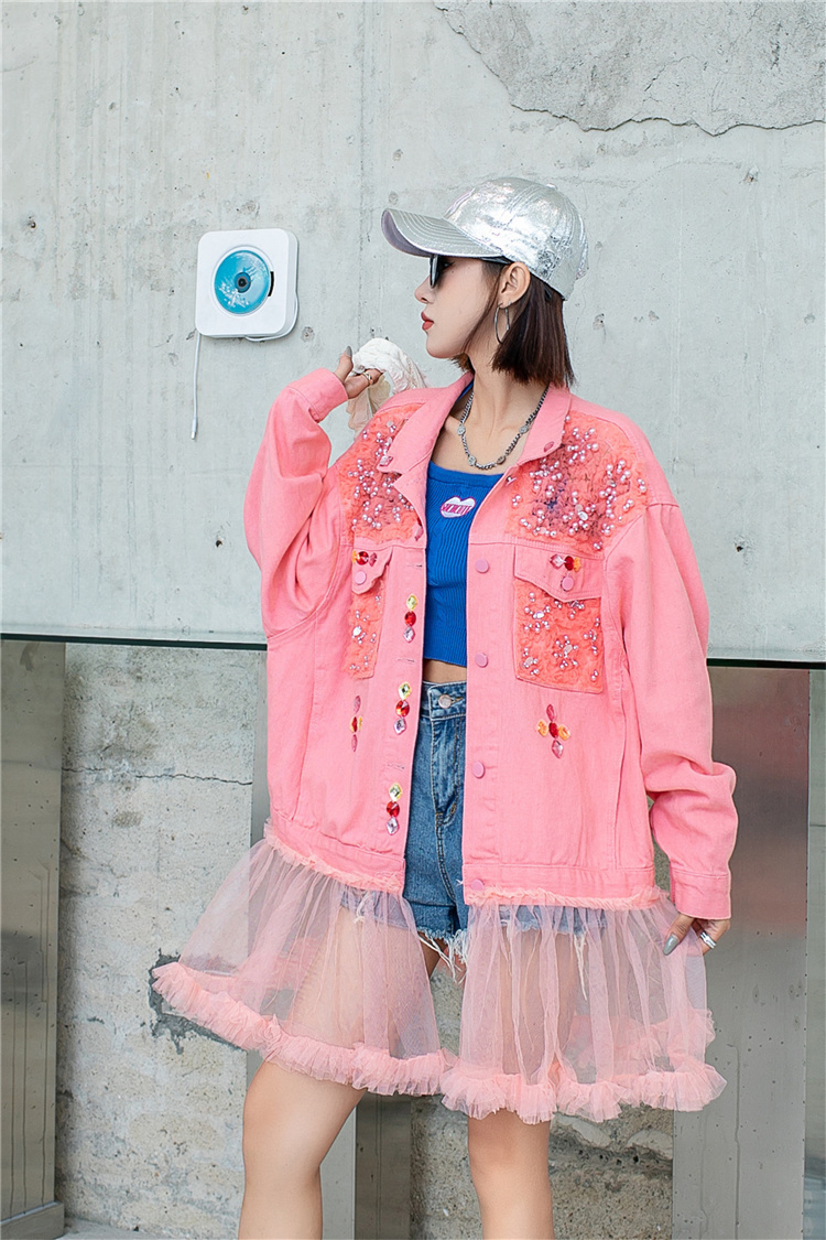 QING MO Damer Heavy Industry Paljetter Kappa Lös Mellanlängd Färg Diamanter Bead Splicing Mesh Denim Coat 2023 Höst_voghion.com