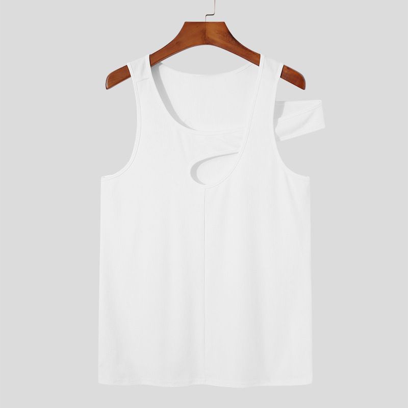 Man's clothing Personality vest hollowed out sleeveless T-shirt tight-fitting men's off-the-shoulder bottoms_voghion.com