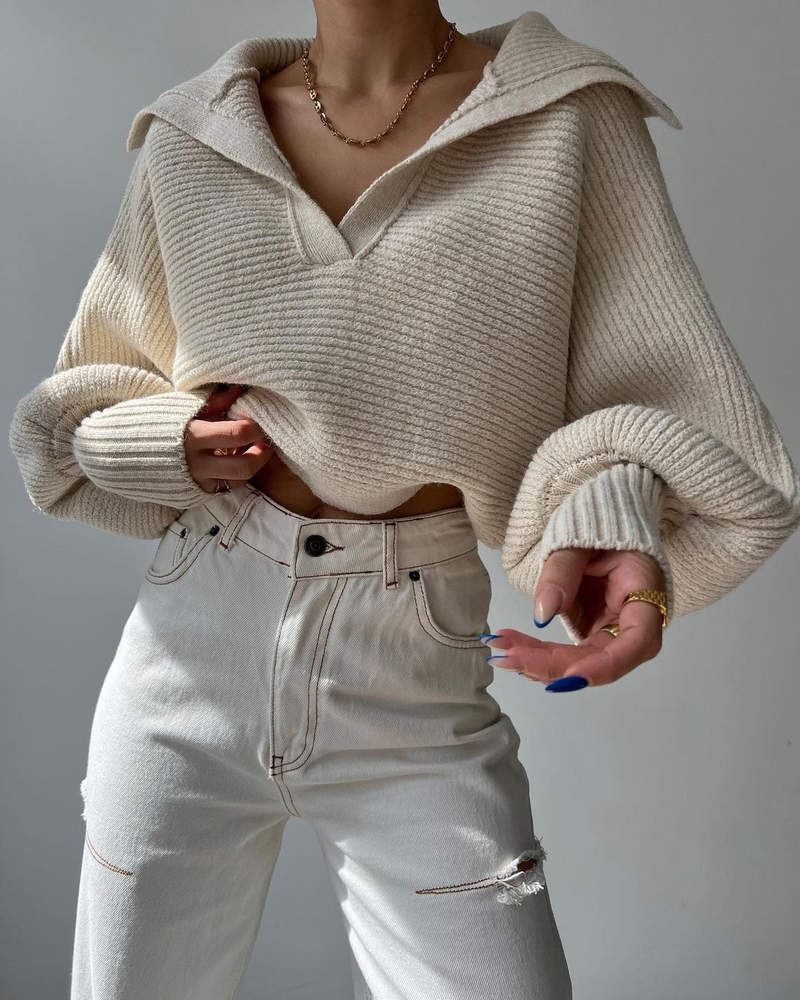 Abbigliamento donna autunno e inverno stile caldo pigro sciolto maniche a lanterna collo aperto pullover maglione corto da donna_voghion.com