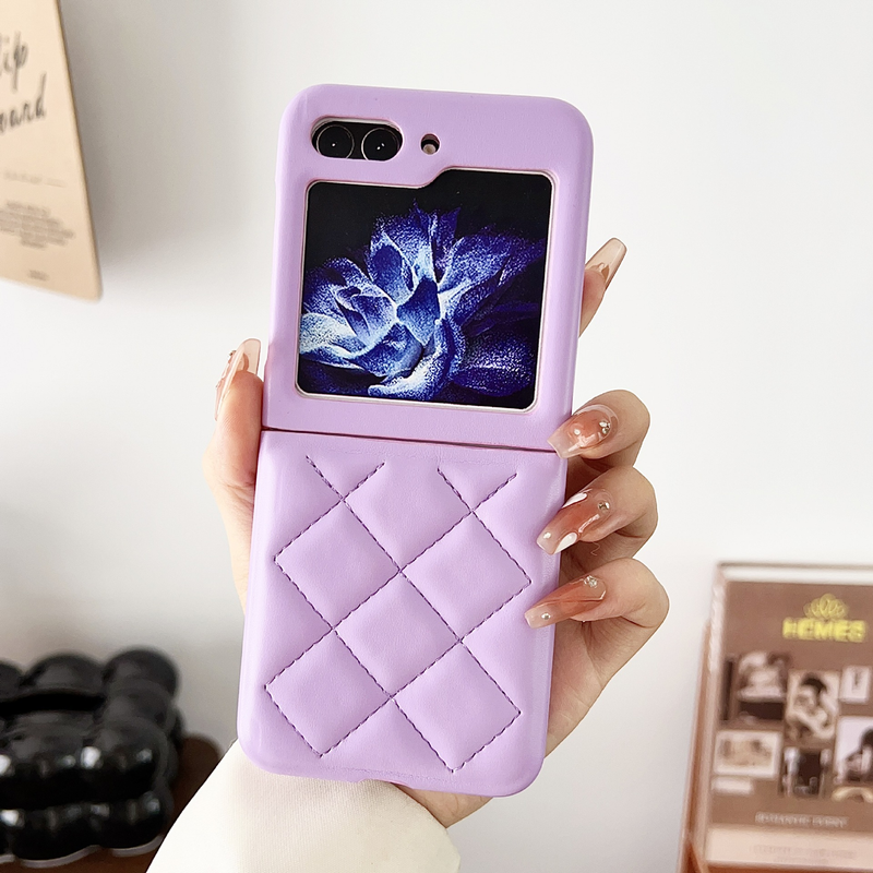 Mobile phone case for Samsung zflip5 plaid ins style mobile phone case plain leather new folding belt ring protective cover leather_voghion.com