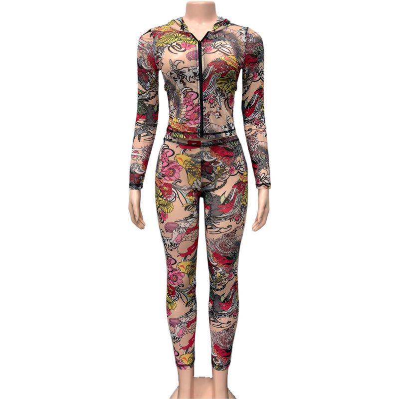 Women's Printed Hooded Zip-up Top & Pants Set - Stylish Streetwear Two-piece Outfit With Animal & Floral Patterns (Red, S/M/L)_voghion.com