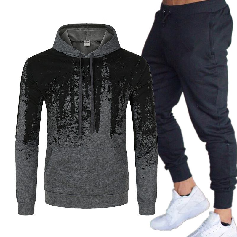 Herren Splash Print Herbst und Winter Fleece Sportswear Kapuzenpullover + Jogginghose Zweiteiliges Sweatshirt-Set_voghion.com