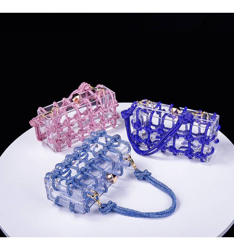 Original Design Diamond Clear Acryl Box Damen Bankett handgewebte Unterarm-Clutch mit Strasssteinen_voghion.com