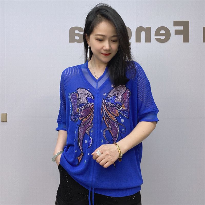 Ropa de mujer, prendas de punto para mujeres gordas mm, camiseta adelgazante de manga corta con escote en V y diamantes calientes_voghion.com