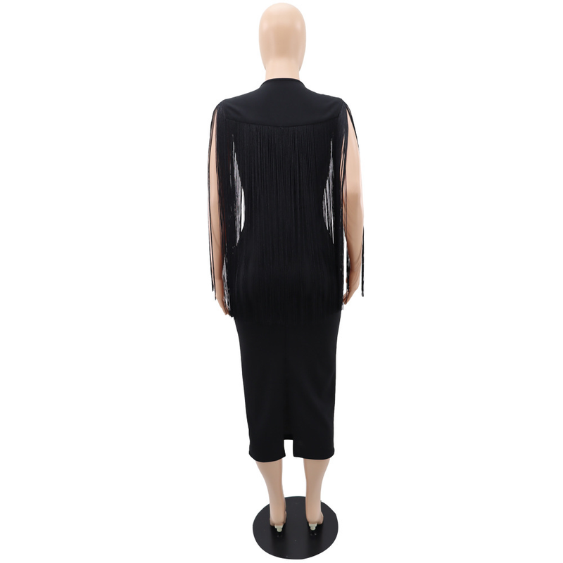 Women's fringe shawl temperament one-step slim-fit pencil dress_voghion.com
