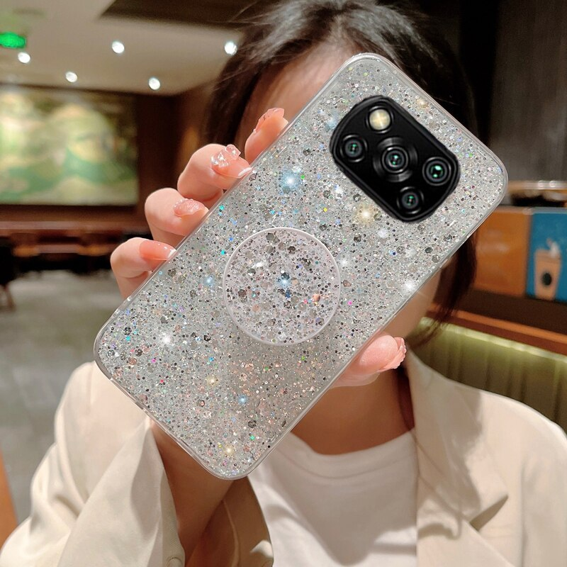 Shiny Glitter Gypsophila telefonholder Veske For Xiaomi POCO X3 NFC M3 Pro Bling Gull Sølv Folie Silikondeksel_voghion.com