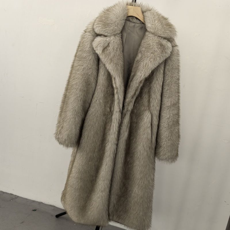 Damenbekleidung Hochwertiger Kunstpelz Umweltfreundlicher Damen Langer Kunstpelzmantel - Elegante Jacke Reverstaschen Individualisierbar_voghion.com