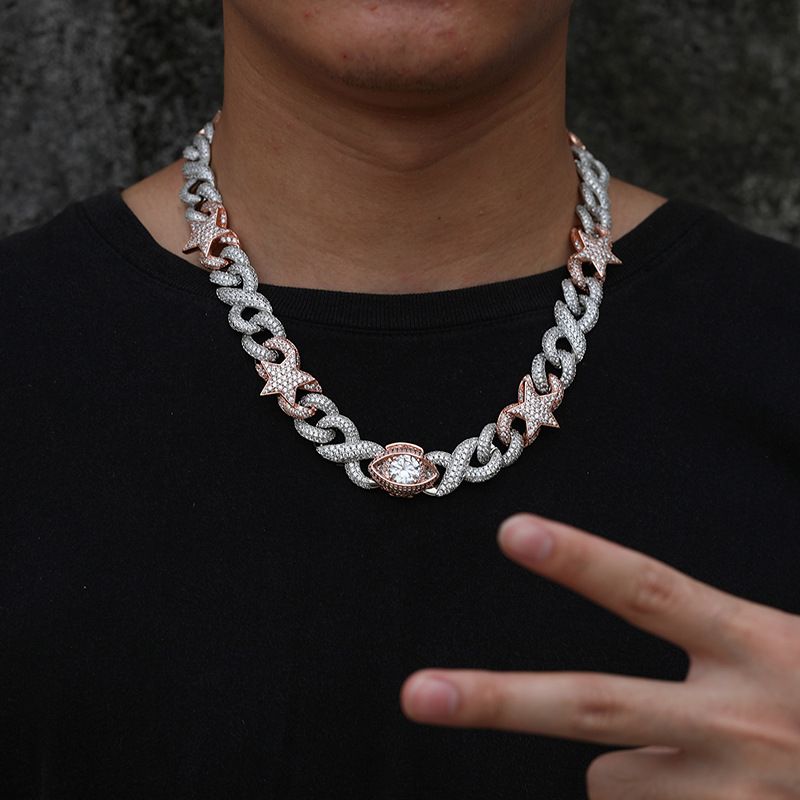 Collana Hip Hop con fibbia a forma di occhio, testa a forma di stella a forma di 8, zircone placcato in oro vero, catena cubana_voghion.com