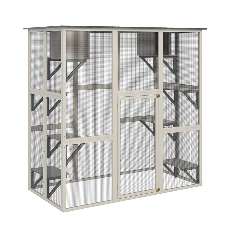 Gray Wooden Outdoor Catio Cat Enclosure With Weatherproof Asphalt Roof, Large Walk-in Cat House With 6 Platforms & 2 Napping Boxes, Solid Wood Cat Cage Kennel Condo Playpen For Patio_voghion.com