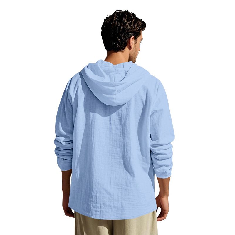 Lente en herfst lang mouwen linnen overhemd heren capuchon casual losse T-shirt trui heren_voghion.com