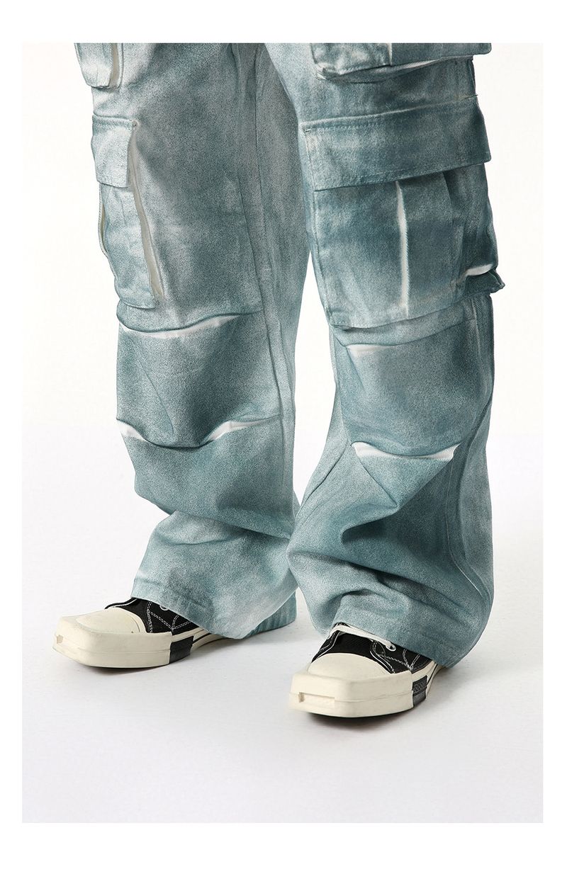 EF JEANS | 2025 Spring New Niche Heavy Industry Gradual Change Spray Color Do Old Multi Pocket Wide Leg Cargo Pants Tide_voghion.com