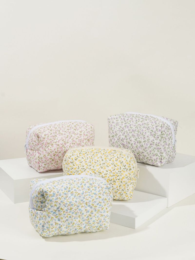 Floral Quilted Cosmetic Bag Large Capacity Cotton Storage Toiletry Bag Pencil Case Plaid Embroidery Ins Ladies_voghion.com