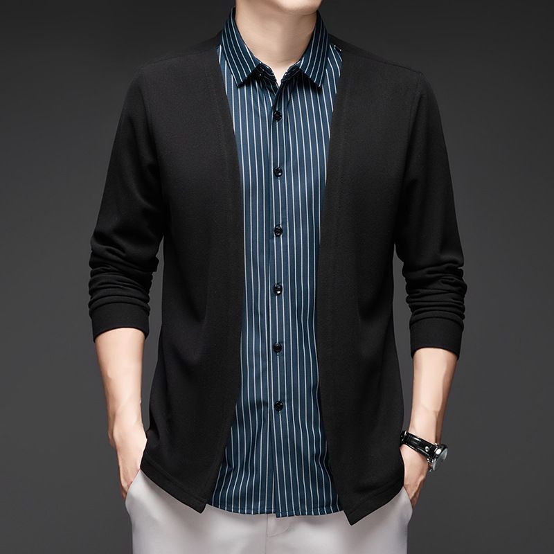 CT Hemdkragen Herbst Neue Mode Herren Langarm Zweiteiliges Set Mittleren Alters Freizeitjacke Strickjacke Männer_voghion.com