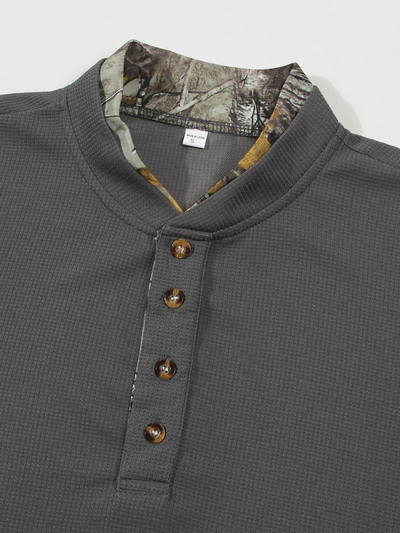 Polo da uomo a maniche lunghe con colletto alto e cuciture, modello Waffle, primavera e autunno_voghion.com