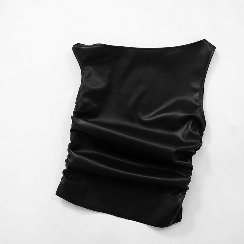 Y24TP647 Women's Autumn/Winter Twisted Strap Off Shoulder Leather Folded Short Open Umbilical Top T-shirt_voghion.com