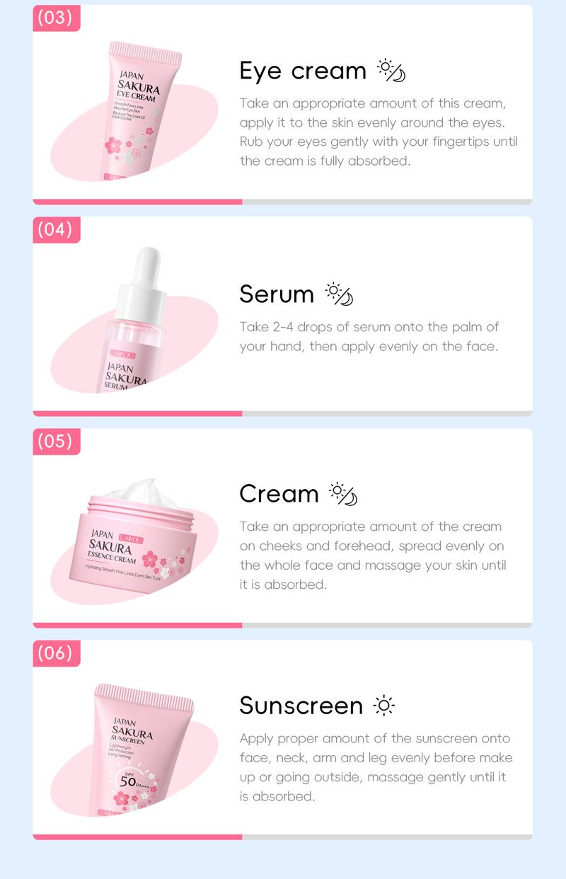 LAIKOU Sada péče o pleť s třešňovým květem, šestidílná sada, čisticí esence, oční krém, pleťový krém, tonikum, opalovací krém_voghion.com