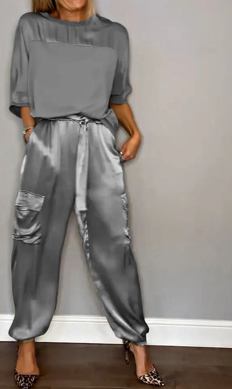 Women's Clothing Fashion Women's Smooth Satin Half sleeved Top and Pants Set Two piece Set_voghion.com
