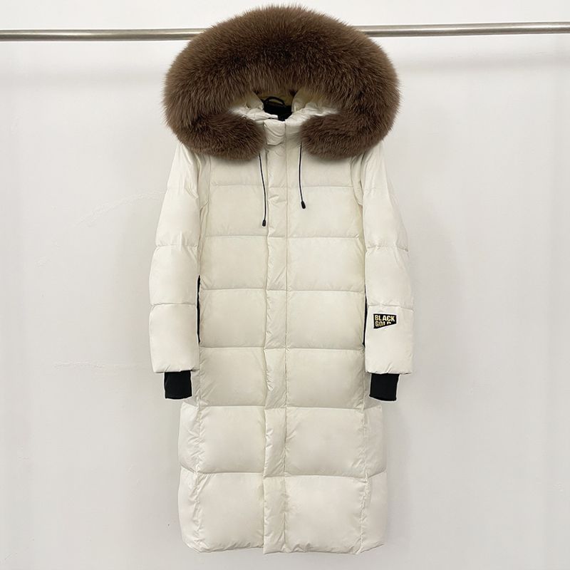 Abbigliamento da donna Giacca lunga con cappuccio e finiture in pelliccia di volpe, 90% piumino d'oca, nylon impermeabile, elegante e caldo cappotto invernale_voghion.com
